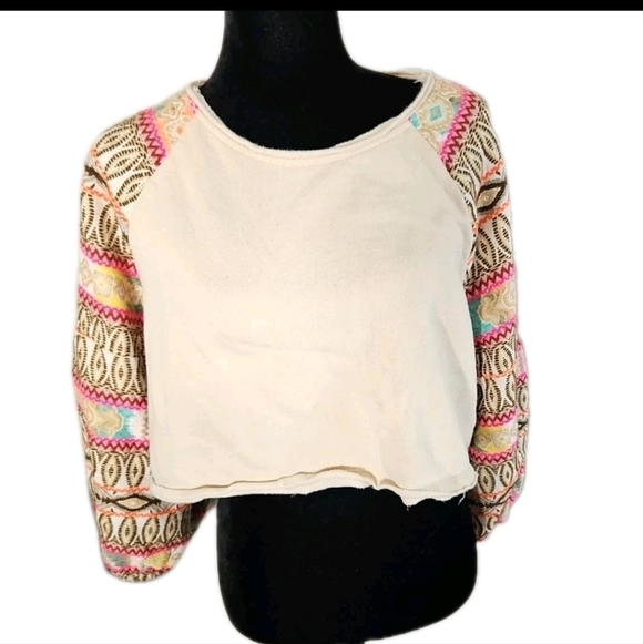 Free People Cream Cropped Embroidered Balloon Sleeve Boho Statement Sweater XS - Picture 3 of 15